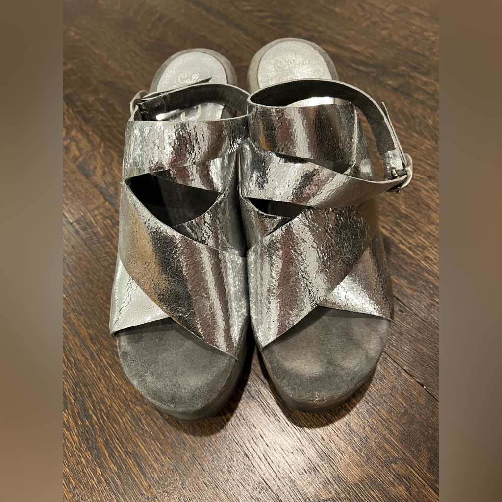Calleen Cordero Metallic Silver Platform Sandal Heel Shoe Sz 8 R 575